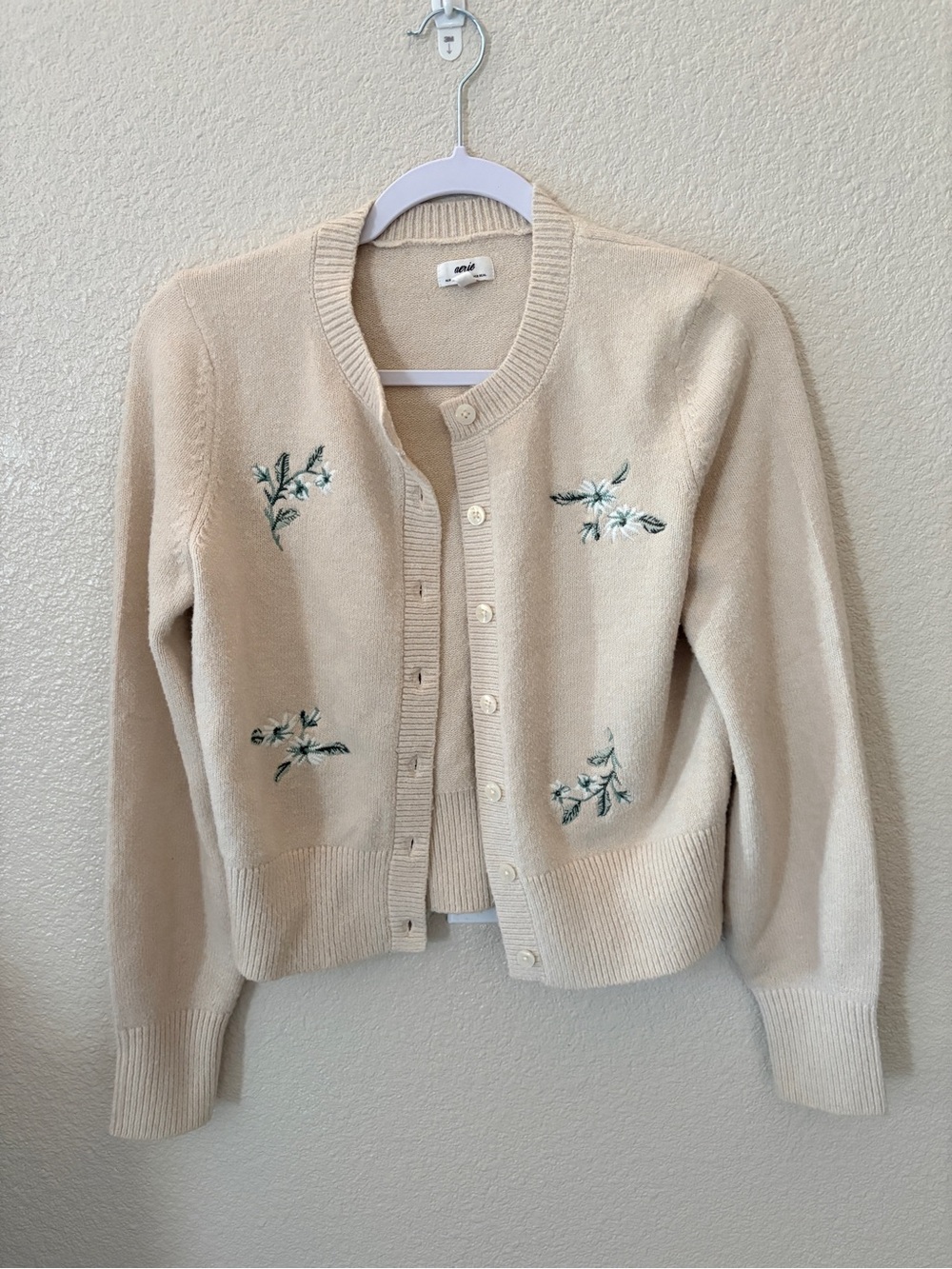 Aerie Cream Embroidered Button-Front Women's Sweater Cardigan - Picture 3 of 14